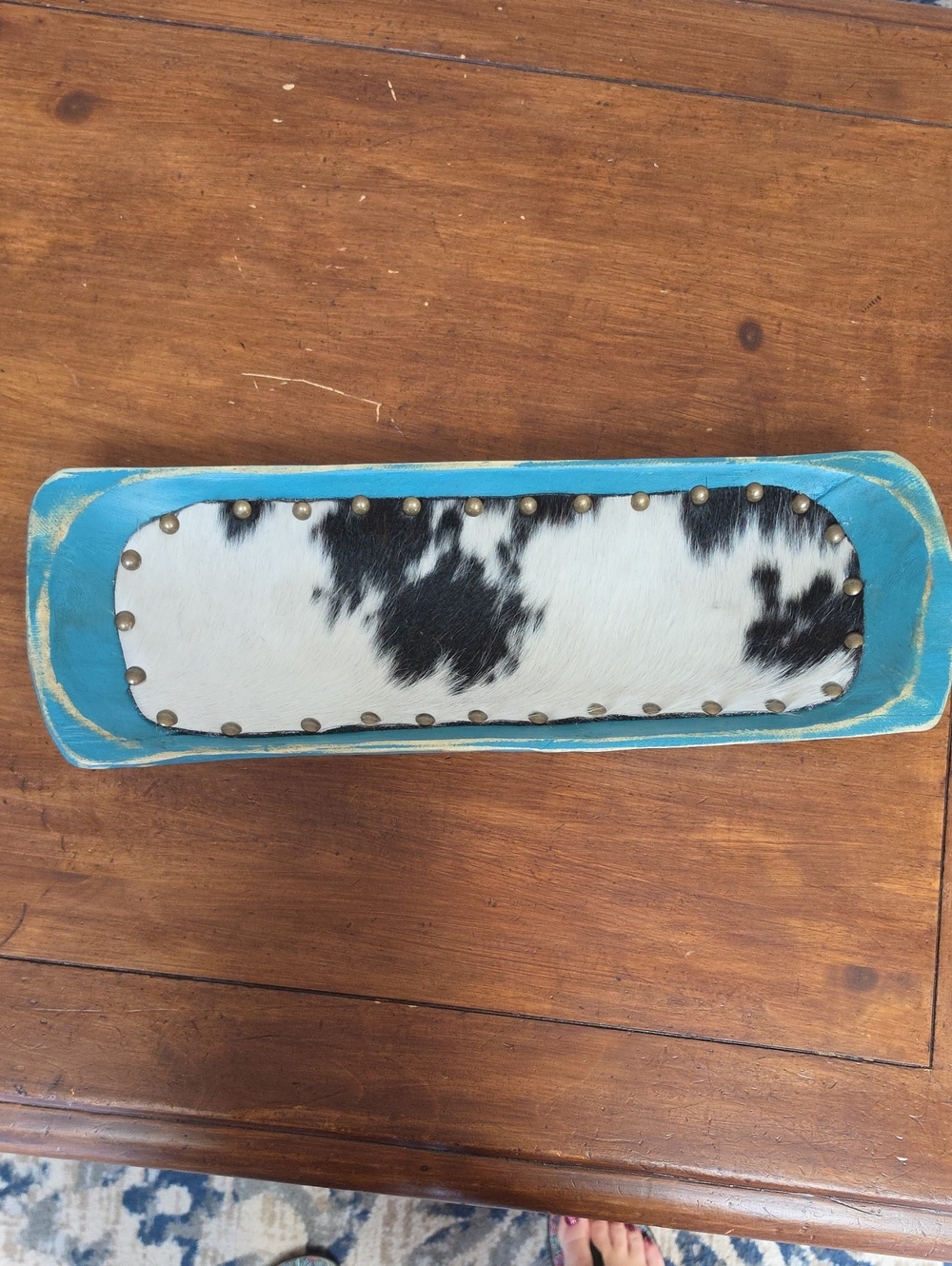 Turquoise Wooden Dough Bowl with Black & White Hair-on-Hide Accent